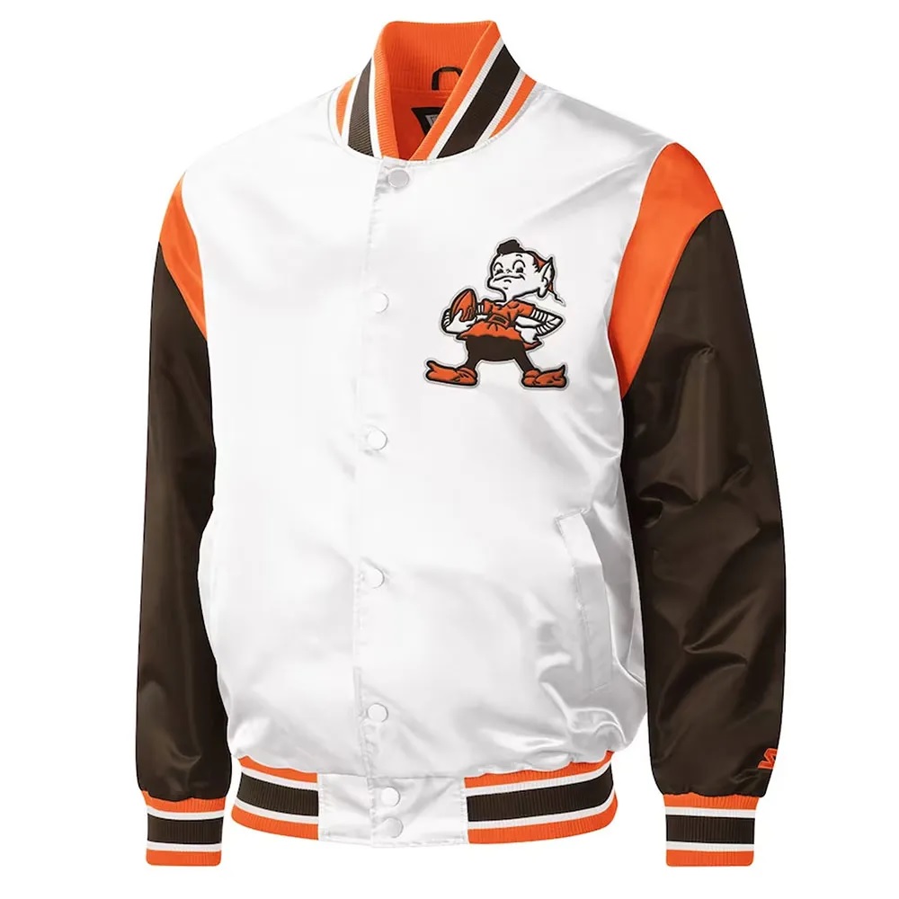 Cleveland Browns Throwback Pitch Varsity White and Brown Satin Jacket