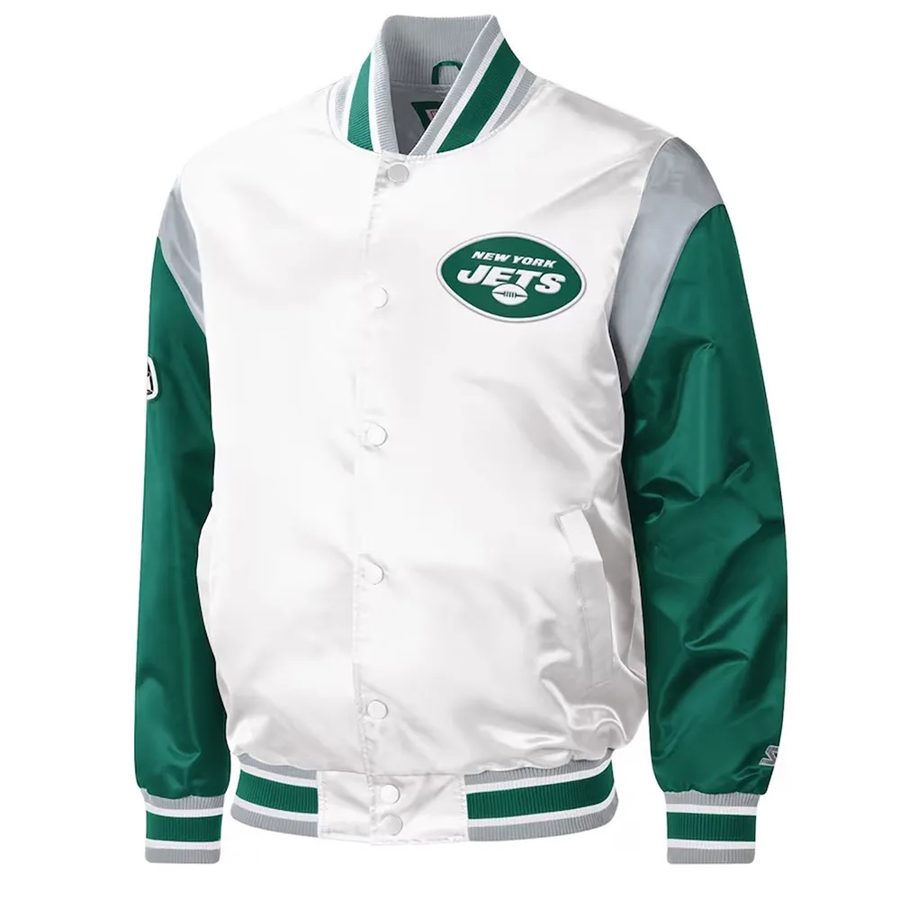 NY Jets Throwback Warm Up Pitch Varsity Satin Jacket